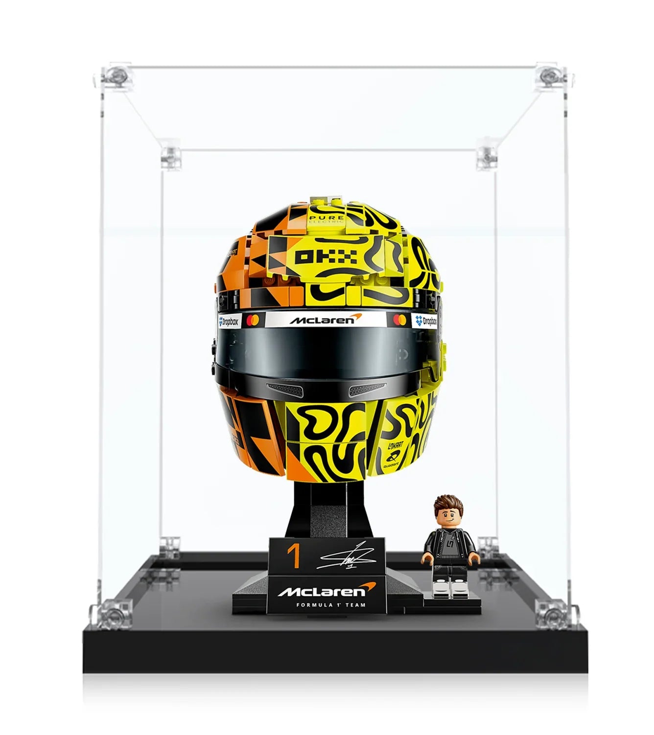 Vitrine en acrylique de qualité supérieure pour casque LEGO® 43023 Lando Norris | Fond McLaren F1 personnalisé | Boîte d'exposition transparente à 98 %