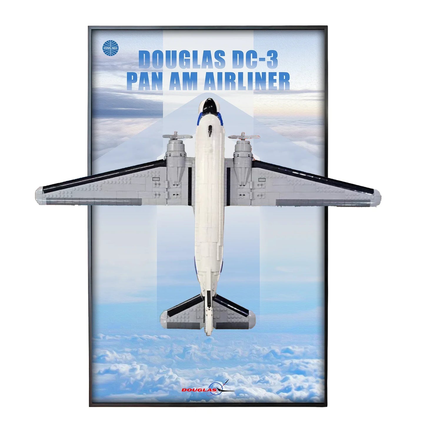 Panneau de fond d'affichage mural premium pour LEGO Icons 11378 Douglas DC-3 Pan Am Avion de ligne | Vitrine flottante 3D en acrylique pour avion