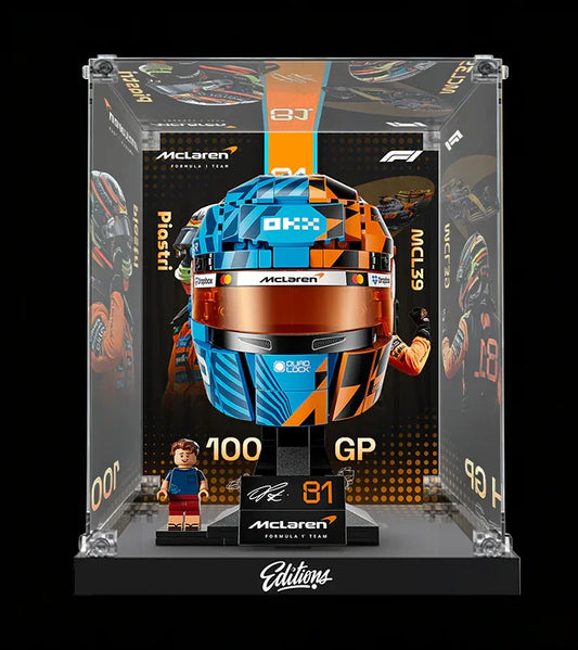 Vitrine en acrylique haut de gamme pour casque LEGO® 43017 F1 Champion | Fond personnalisé inspiré de Red Bull Racing | Vitrine haute transparence à 98 %