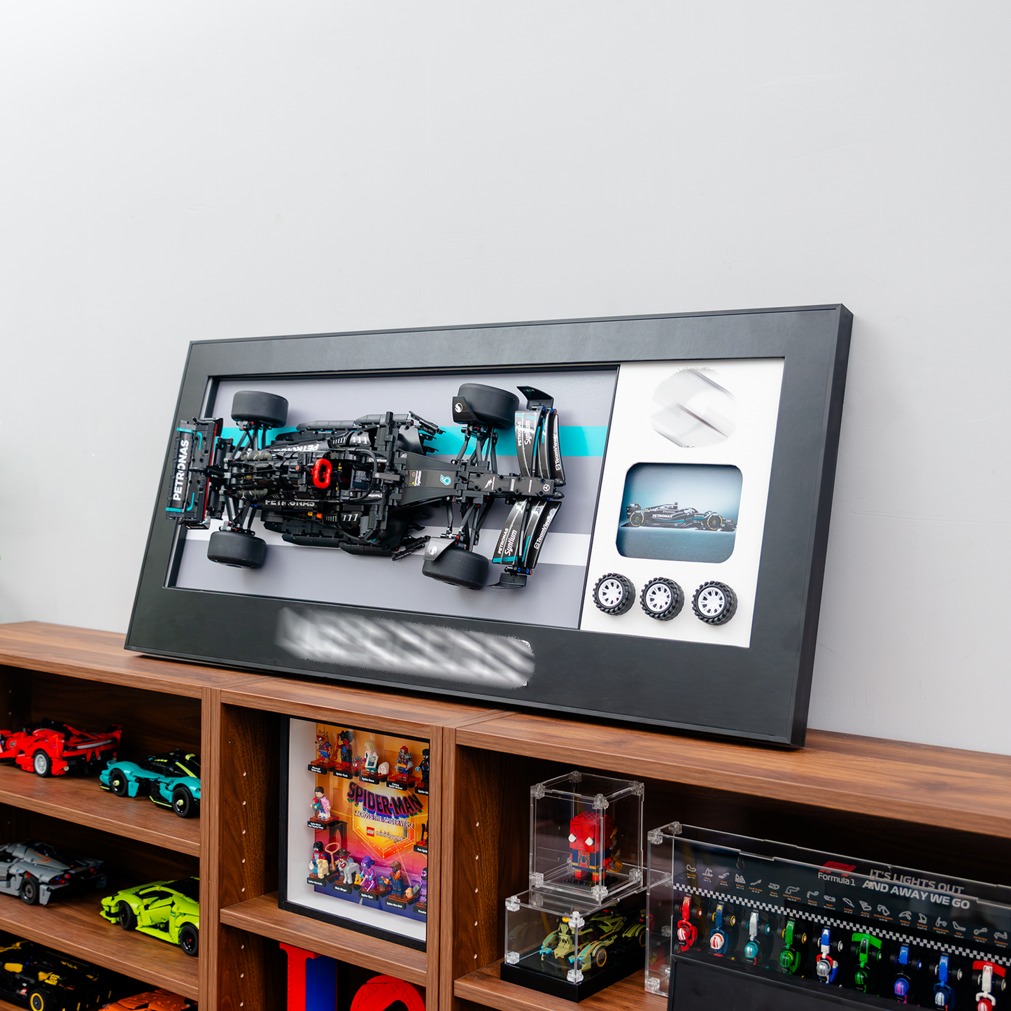 Premium 3D Wall Display Frame for F1 Models, Compatible with LEGO Technic, Aluminum Frame with HD Printed Backdrop for Red Bull