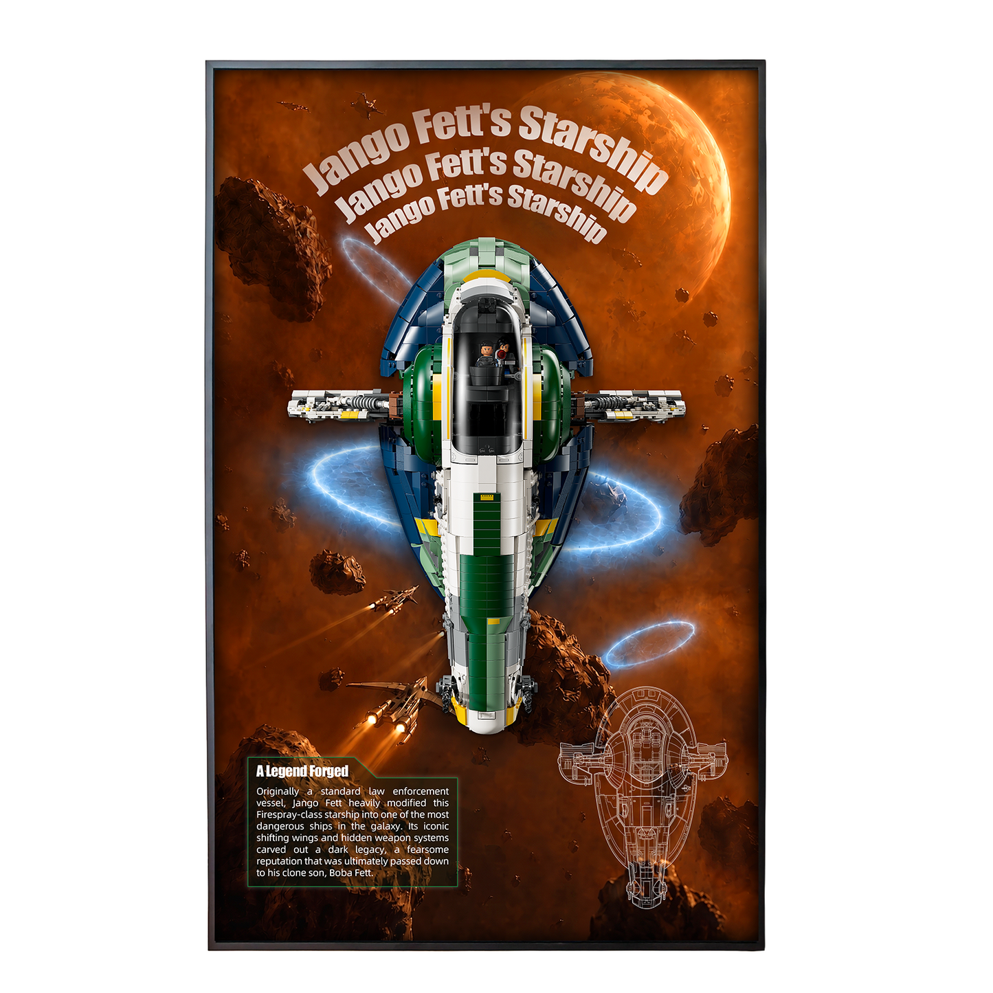 Premium Wall Mount Display Backdrop Board for LEGO Star Wars 75409 Jango Fett's Starship | 3D Acrylic Floating Firespray-class Aircraft Plaque