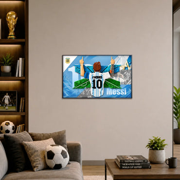 Cadre mural d'exposition premium pour LEGO® #43018 Lionel Messi | Tableau d'exposition du stade argentin | Art mural à cadre ouvert anti-reflet
