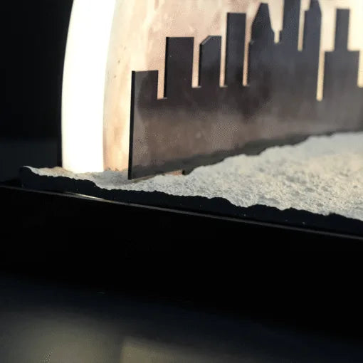 Cinematic LED Display Case for LEGO® 43279 WALL·E & EVE | Backlit Moon & City Skyline Backdrop | Realistic Stone Texture Base