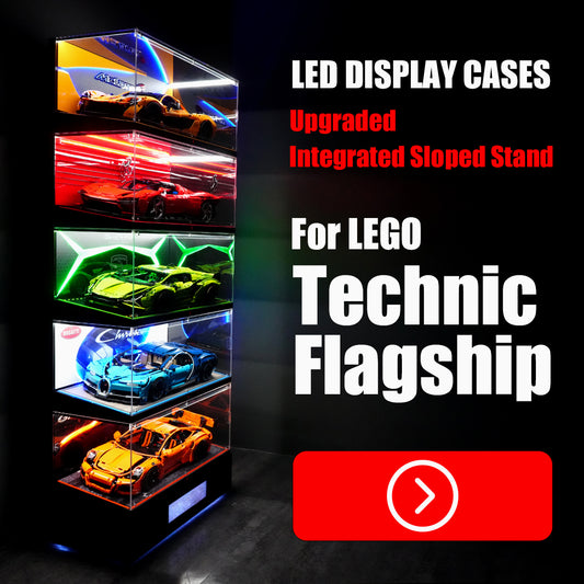 The Ultimate RGB LED Showcase with Premium Sloped Wooden Base for LEGO 1:8 Flagship Supercars - Wireless Stacking Edition