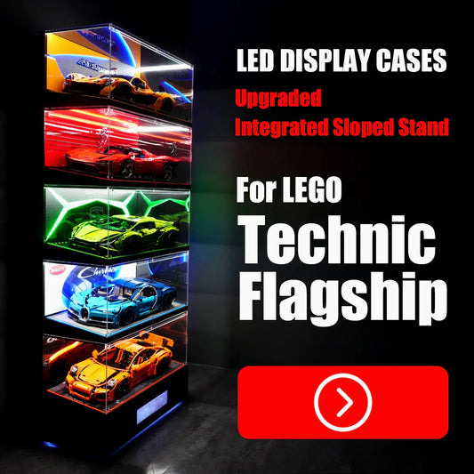 Vitrine ultime à LED RGB avec base inclinée en bois de première qualité pour Supercars LEGO phares à l'échelle 1:8 - Édition empilable sans fil