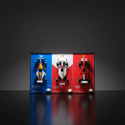 Cadre d'affichage mural premium pour LEGO® Icons F1 Legends | Williams FW14B, McLaren MP4/4, Ferrari F2004 | Vitrine aluminium 3-en-1