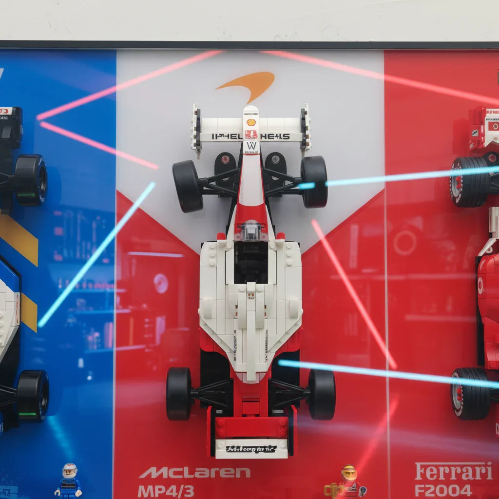 Cadre d'affichage mural premium pour LEGO® Icons F1 Legends | Williams FW14B, McLaren MP4/4, Ferrari F2004 | Vitrine aluminium 3-en-1