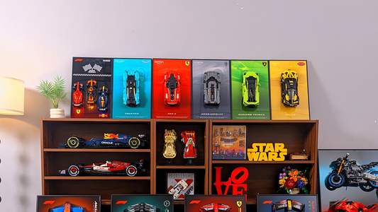 Wall display frames showcasing LEGO car models and collectibles on a wooden shelf.