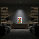 Acrylic display case with a LEGO trophy in a modern living room with accent lighting.
