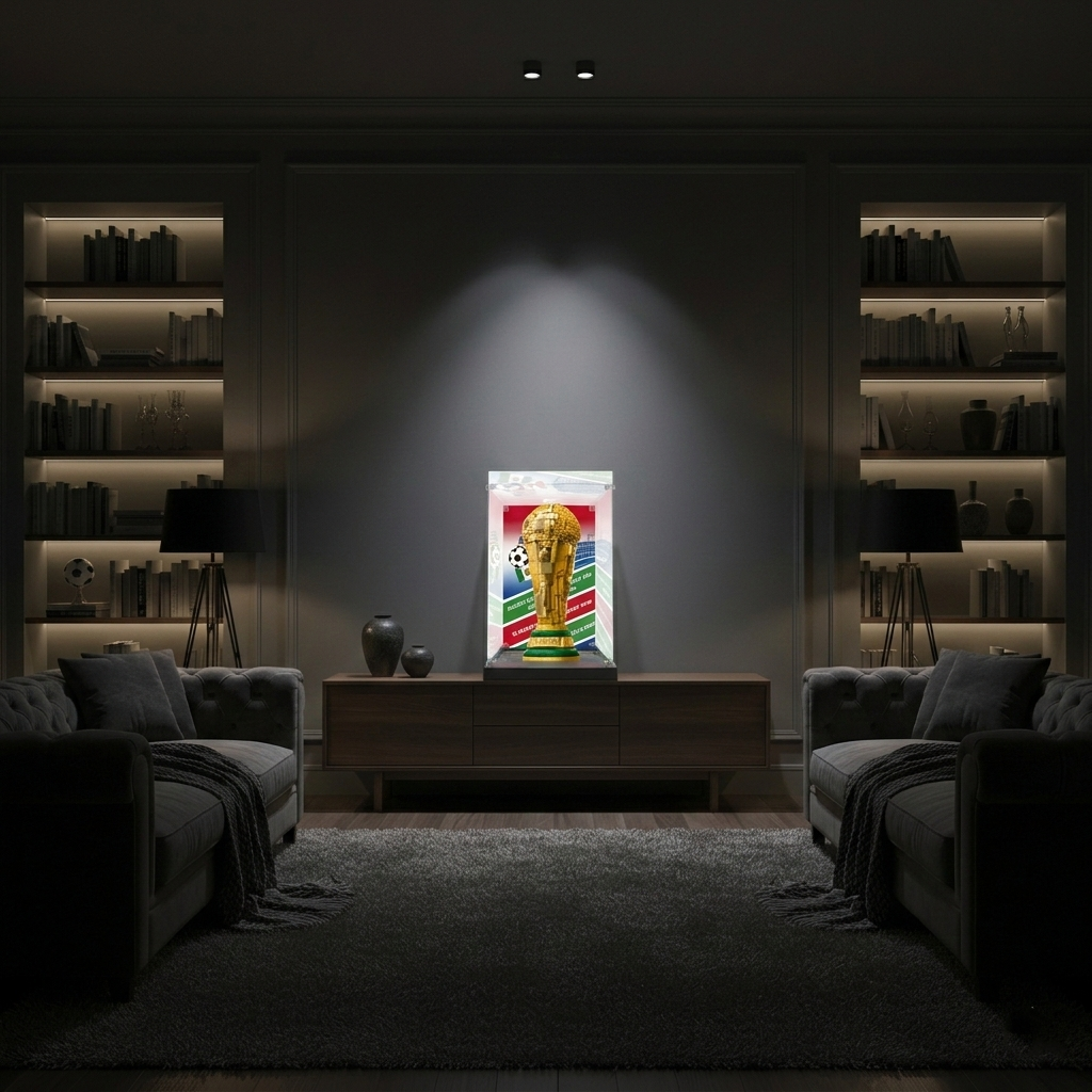 Acrylic display case with a LEGO trophy in a modern living room with accent lighting.