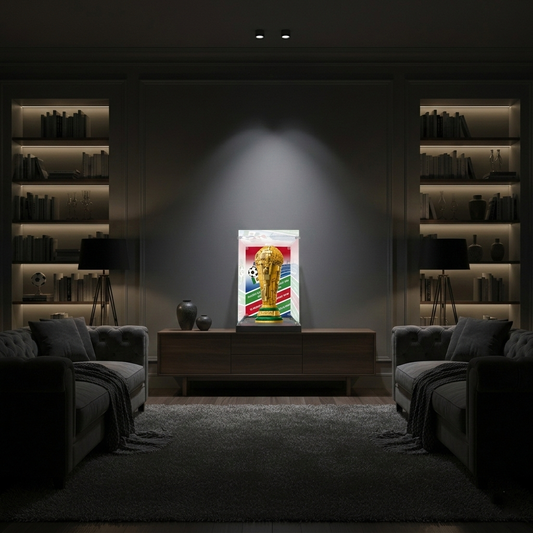 Acrylic display case with a LEGO trophy in a modern living room with accent lighting.