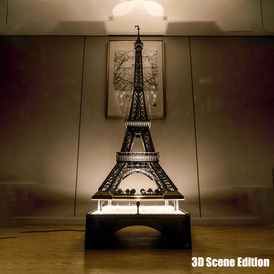 Illuminated display case showcasing a LEGO Eiffel Tower model with a 3D scene base.