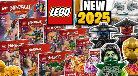 New 2025 LEGO Ninjago sets and minifigures, colorful packaging, dragon themes