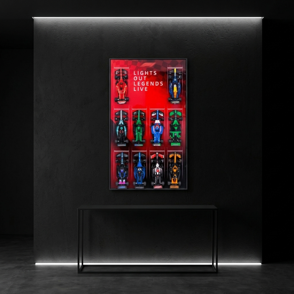 Acrylic wall frame displaying colorful LEGO race cars against a red background in a modern room.