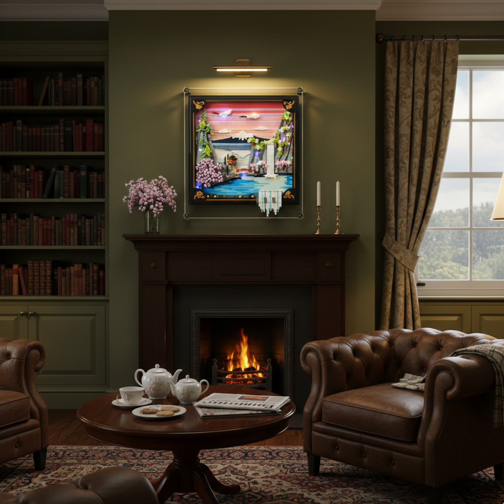 Elegant living room with a fireplace, brown leather chairs, and a modern wall display frame showcasing a colorful collectible diorama.