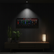 Wall-mounted acrylic display case featuring LEGO race cars in a modern living room setting.
