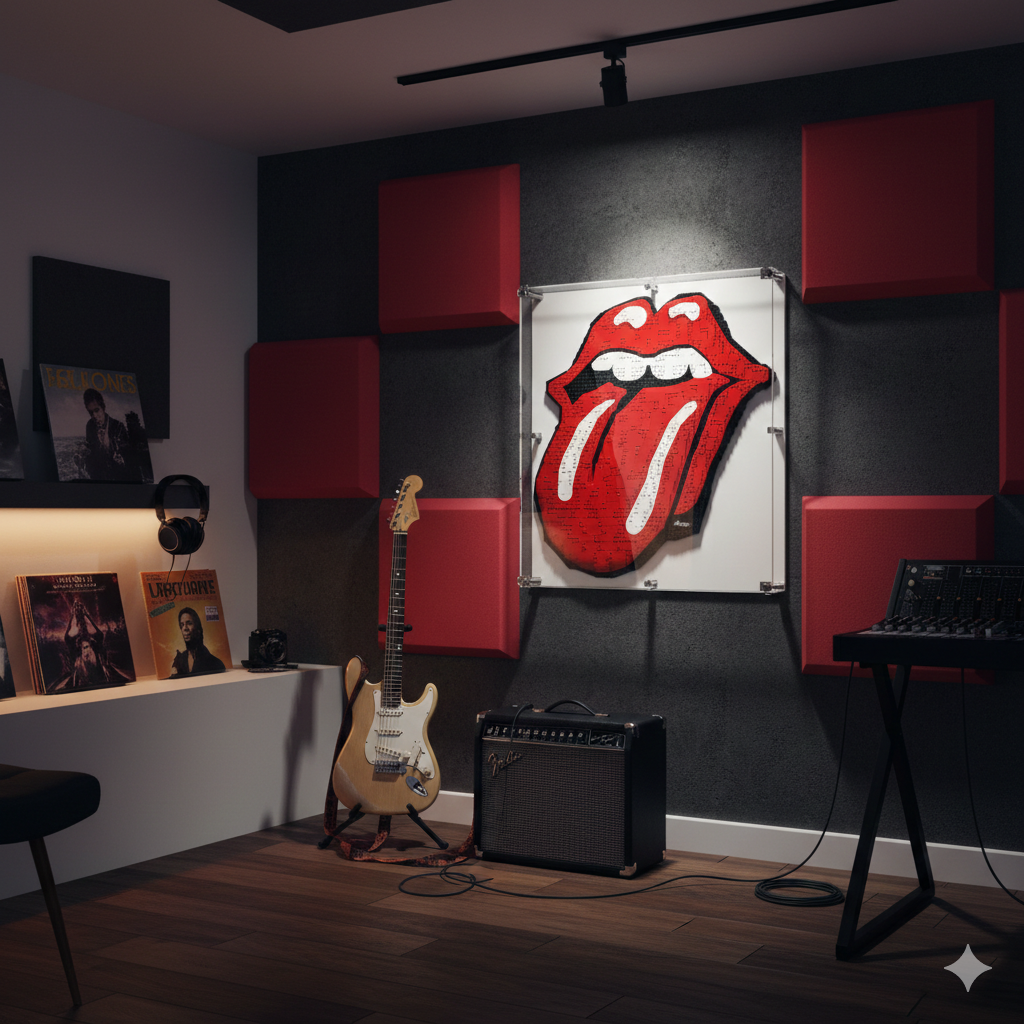Wall-mounted acrylic display case with LEGO tongue logo art in a modern music room
