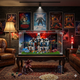 Acrylic display case showcasing a detailed LEGO house and car scene in a cozy home theater.