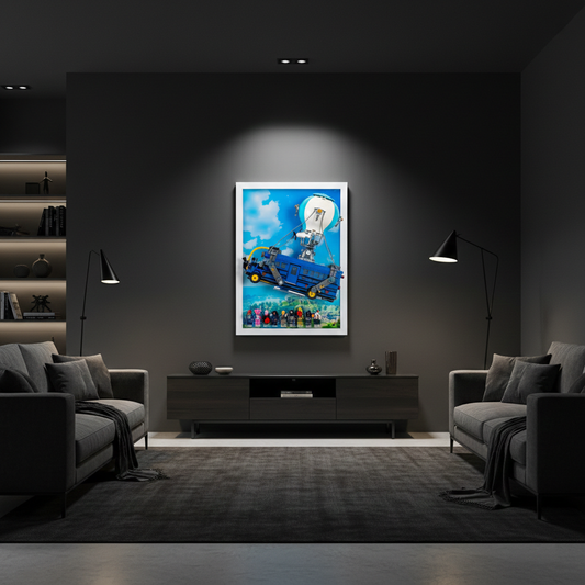 Modern living room with LEGO car collectible wall display frame featuring colorful LEGO minifigures