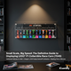 Acrylic wall display case showcasing colorful LEGO F1 collectible race cars in a modern room.