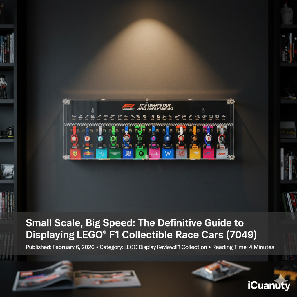 Acrylic wall display case showcasing colorful LEGO F1 collectible race cars in a modern room.
