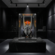 A LEGO helmet collectible displayed in a clear acrylic case with a dramatic dark room background.