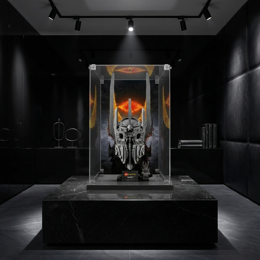 A LEGO helmet collectible displayed in a clear acrylic case with a dramatic dark room background.