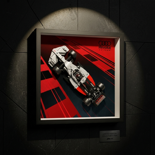 LEGO Formula 1 car in premium acrylic wall display frame with red racing background