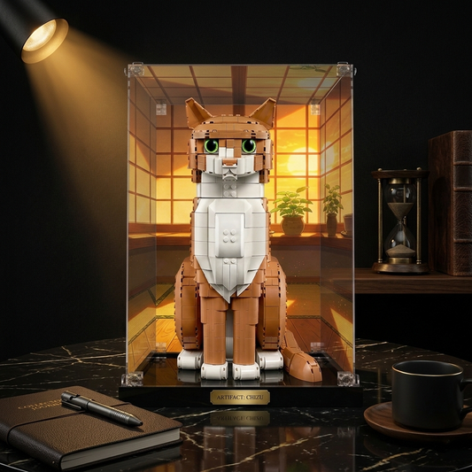 LEGO cat model displayed in clear acrylic frame on a marble desk with warm lighting