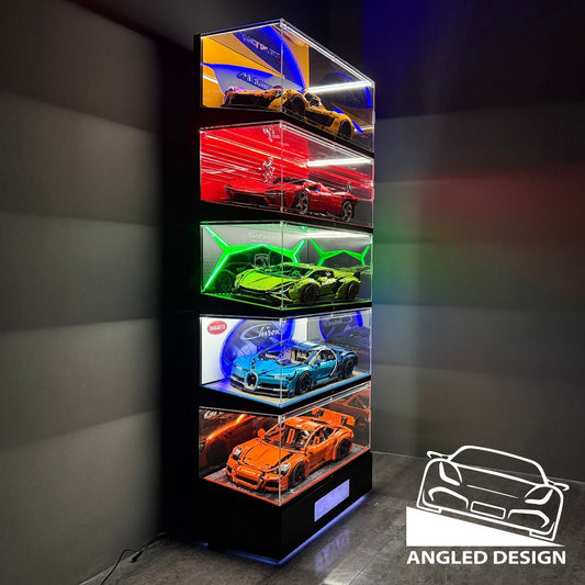 Tall RGB LED display case with multiple LEGO supercars in acrylic showcases on sloped wooden base