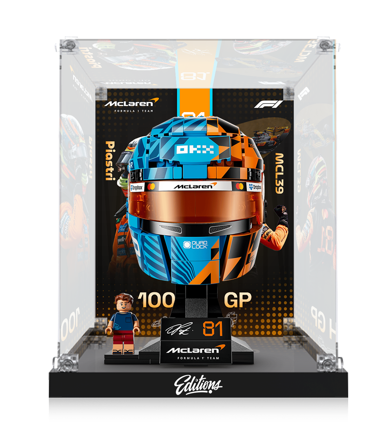 Premium Acrylic Display Case for LEGO® 43017 F1 Champion Helmet | Custom Red Bull Racing Inspired Backdrop | 98% High-Transparency Showcase
