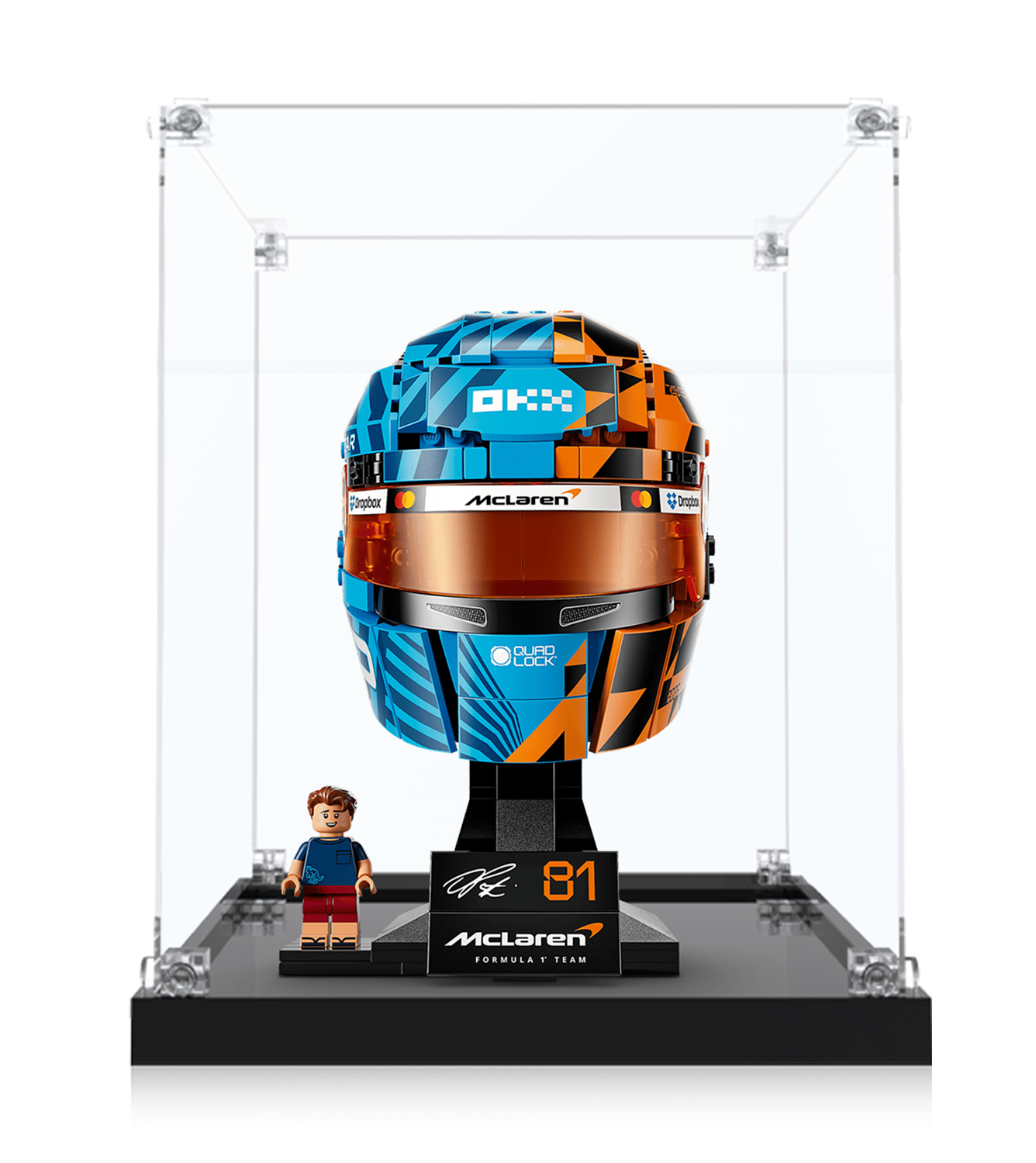 Premium Acrylic Display Case for LEGO® 43017 F1 Champion Helmet | Custom Red Bull Racing Inspired Backdrop | 98% High-Transparency Showcase