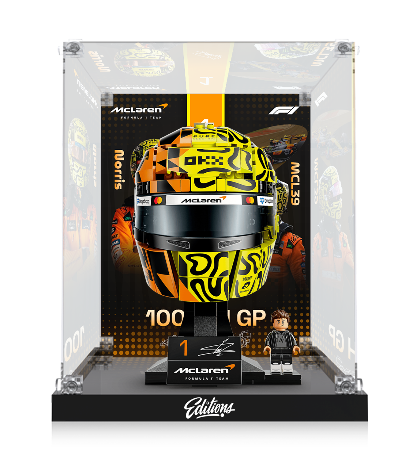 Premium Acrylic Display Case for LEGO® 43023 Lando Norris Helmet | Custom McLaren F1 Backdrop | 98% Transparency Exhibit Box