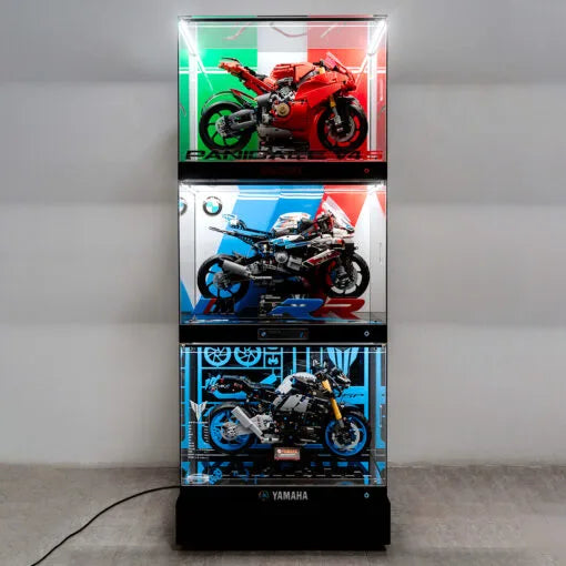 Premium M-Size Display Case for LEGO® 42130 BMW M 1000 RR | 3-Layer 3D Acrylic Backdrop | No-Assembly Magnetic Case