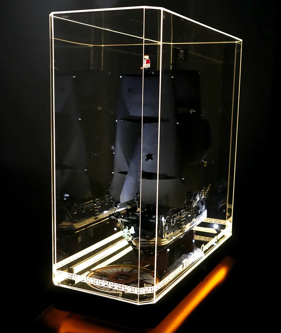 Premium Wooden Base LED Display Case for LEGO® 10365 Black Pearl | Beech Wood & Mirror Finish | Aztec Gold Engraved Acrylic Case