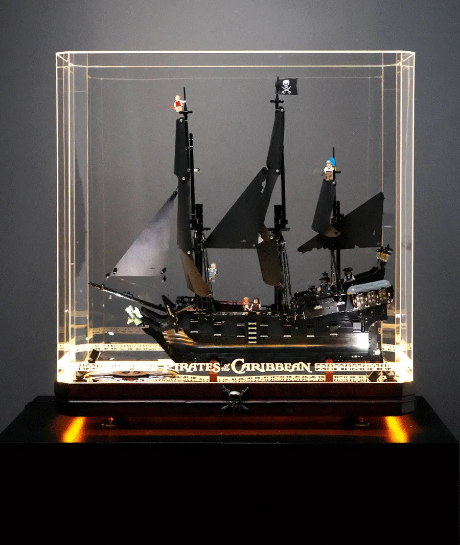 Premium Wooden Base LED Display Case for LEGO® 10365 Black Pearl | Beech Wood & Mirror Finish | Aztec Gold Engraved Acrylic Case