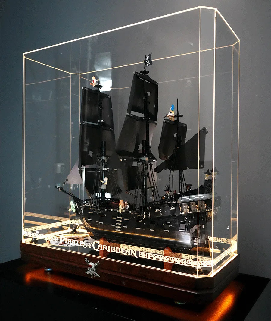Premium Wooden Base LED Display Case for LEGO® 10365 Black Pearl | Beech Wood & Mirror Finish | Aztec Gold Engraved Acrylic Case