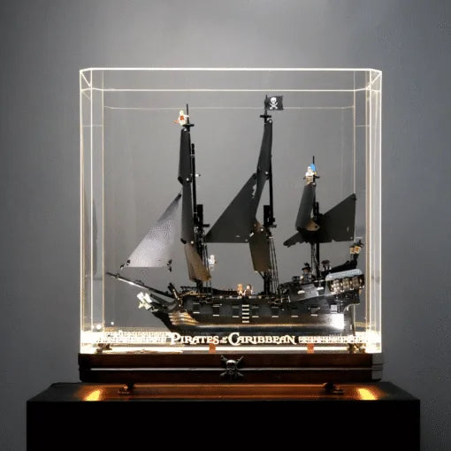 Premium Wooden Base LED Display Case for LEGO® 10365 Black Pearl | Beech Wood & Mirror Finish | Aztec Gold Engraved Acrylic Case