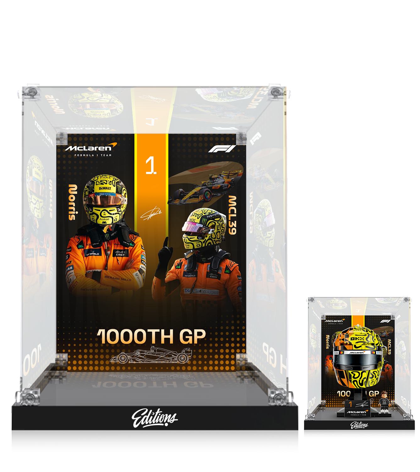 Premium Acrylic Display Case for LEGO® 43023 Lando Norris Helmet | Custom McLaren F1 Backdrop | 98% Transparency Exhibit Box