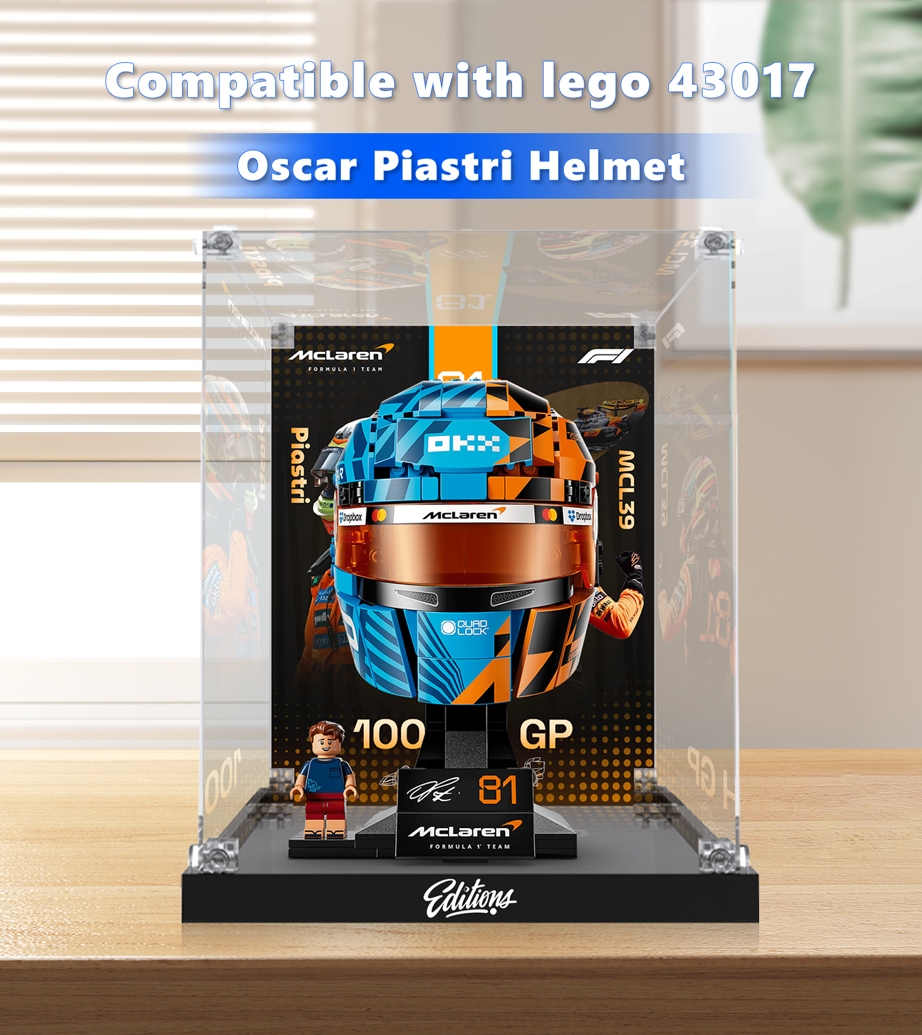 Premium Acrylic Display Case for LEGO® 43017 F1 Champion Helmet | Custom Red Bull Racing Inspired Backdrop | 98% High-Transparency Showcase
