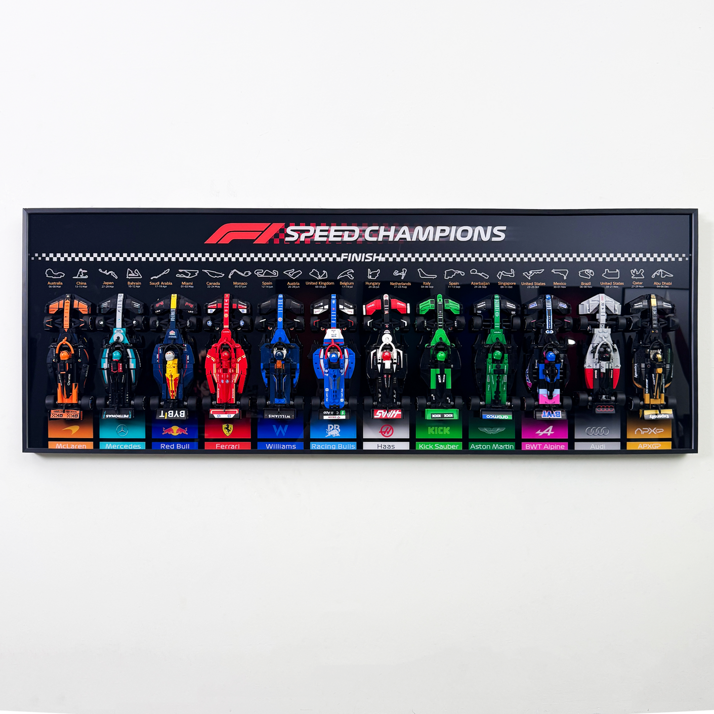 The Ultimate F1 Starting Grid: Horizontal Wall Display for 12 LEGO F1 Cars | Premium Aluminum Alloy Frame | Custom Team Backdrops