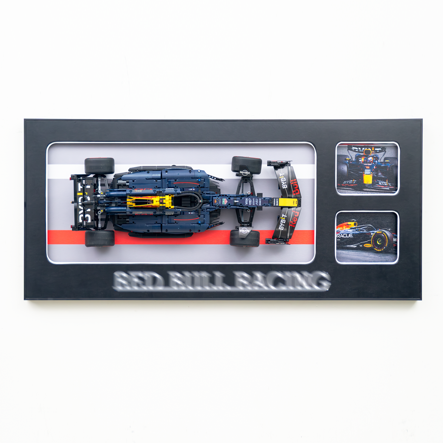 Premium 3D Wall Display Frame for F1 Models, Compatible with LEGO Technic, Aluminum Frame with HD Printed Backdrop for Red Bull