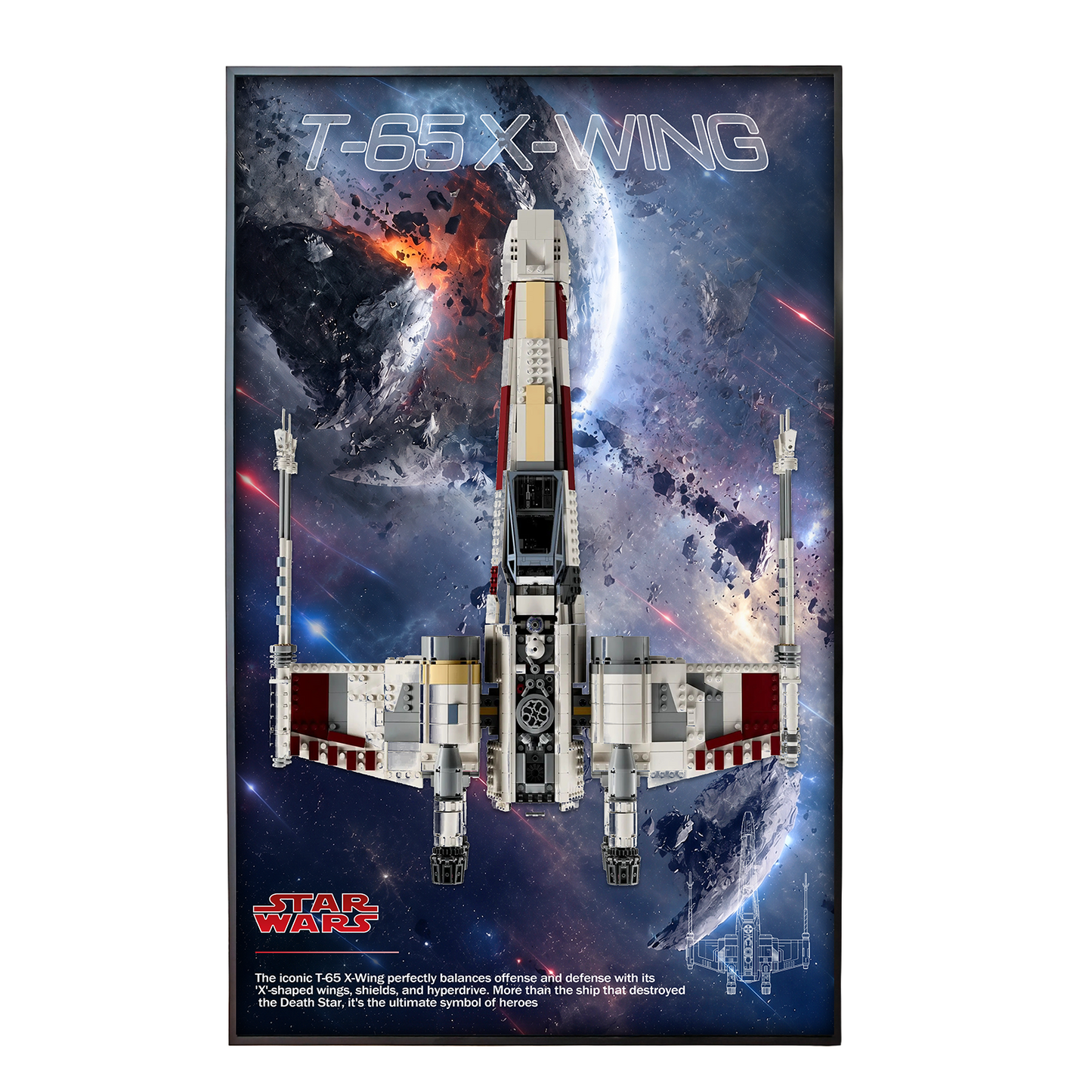 Premium Wall Mount Display Backdrop Board for LEGO Star Wars UCS 75355 X-Wing Starfighter | 3D Floating T-65 Fighter Plaque Frame Art