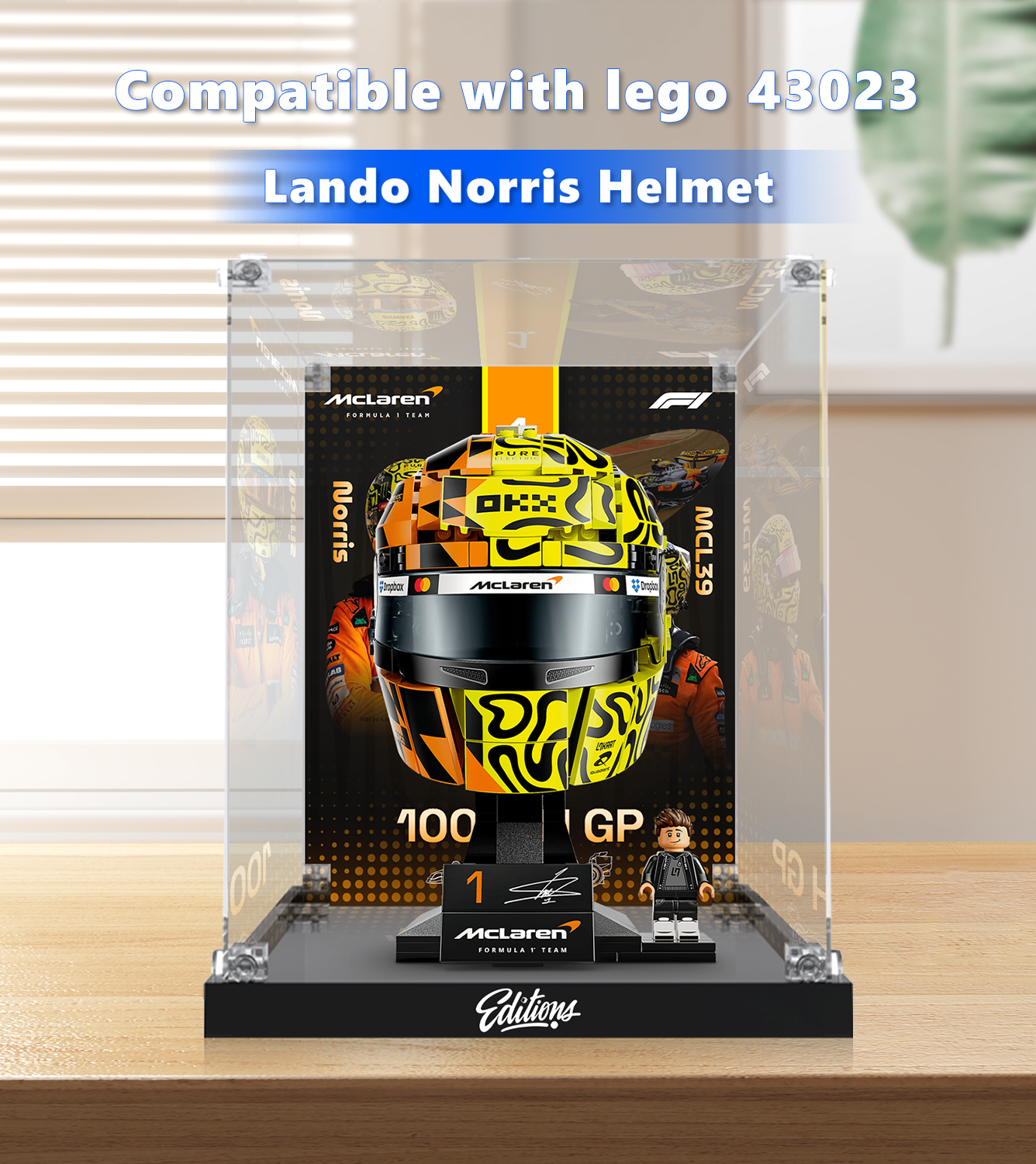 Premium Acrylic Display Case for LEGO® 43023 Lando Norris Helmet | Custom McLaren F1 Backdrop | 98% Transparency Exhibit Box