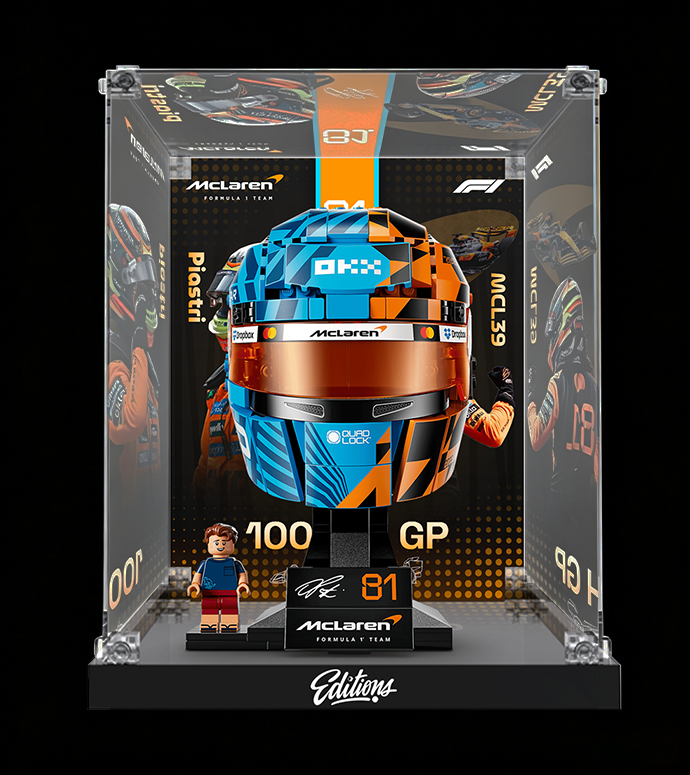 Premium Acrylic Display Case for LEGO® 43017 F1 Champion Helmet | Custom Red Bull Racing Inspired Backdrop | 98% High-Transparency Showcase
