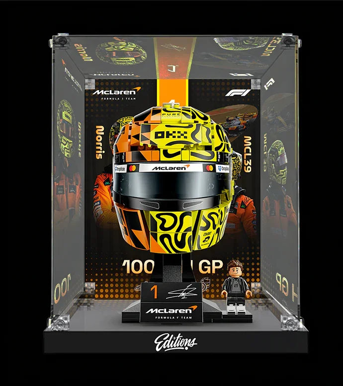 Vitrine en acrylique de qualité supérieure pour casque LEGO® 43023 Lando Norris | Fond McLaren F1 personnalisé | Boîte d'exposition transparente à 98 %