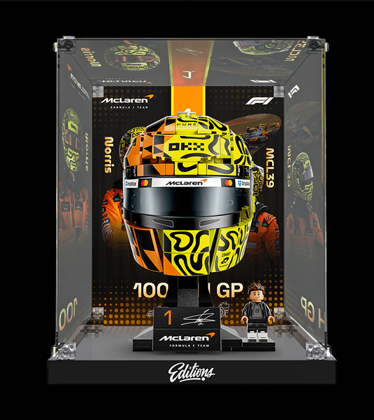 Premium Acrylic Display Case for LEGO® 43023 Lando Norris Helmet | Custom McLaren F1 Backdrop | 98% Transparency Exhibit Box