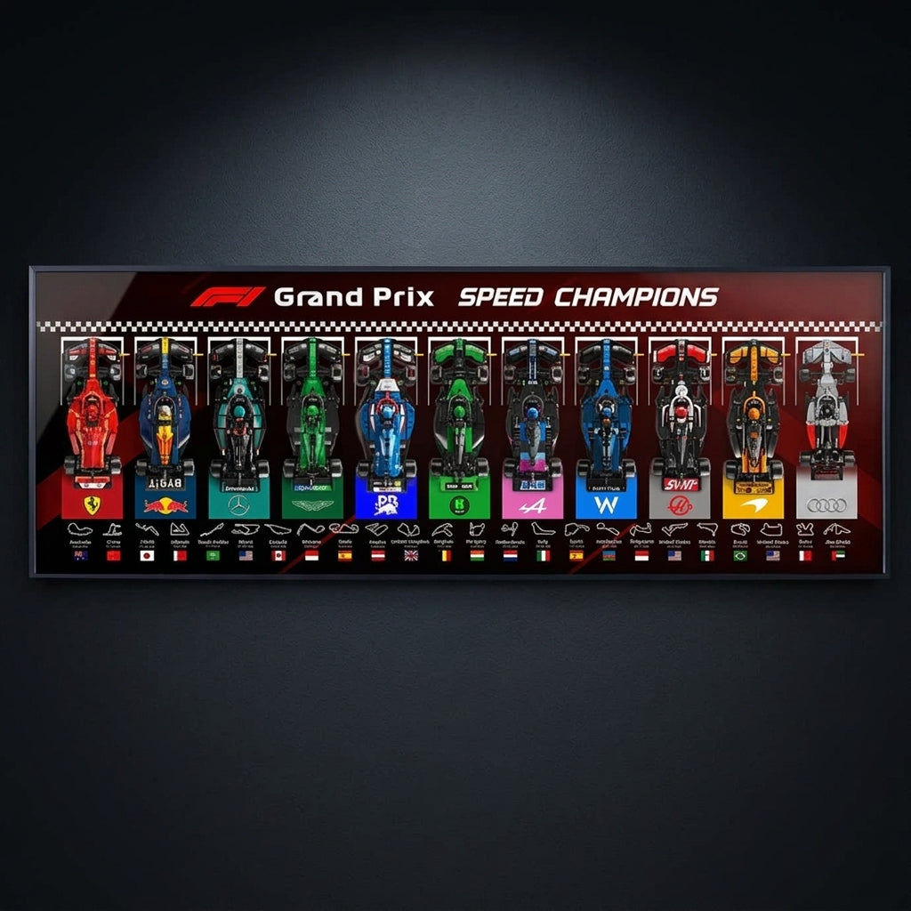 Cadre de présentation mural panoramique premium 110 cm pour la série LEGO® Speed Champions F1 2026