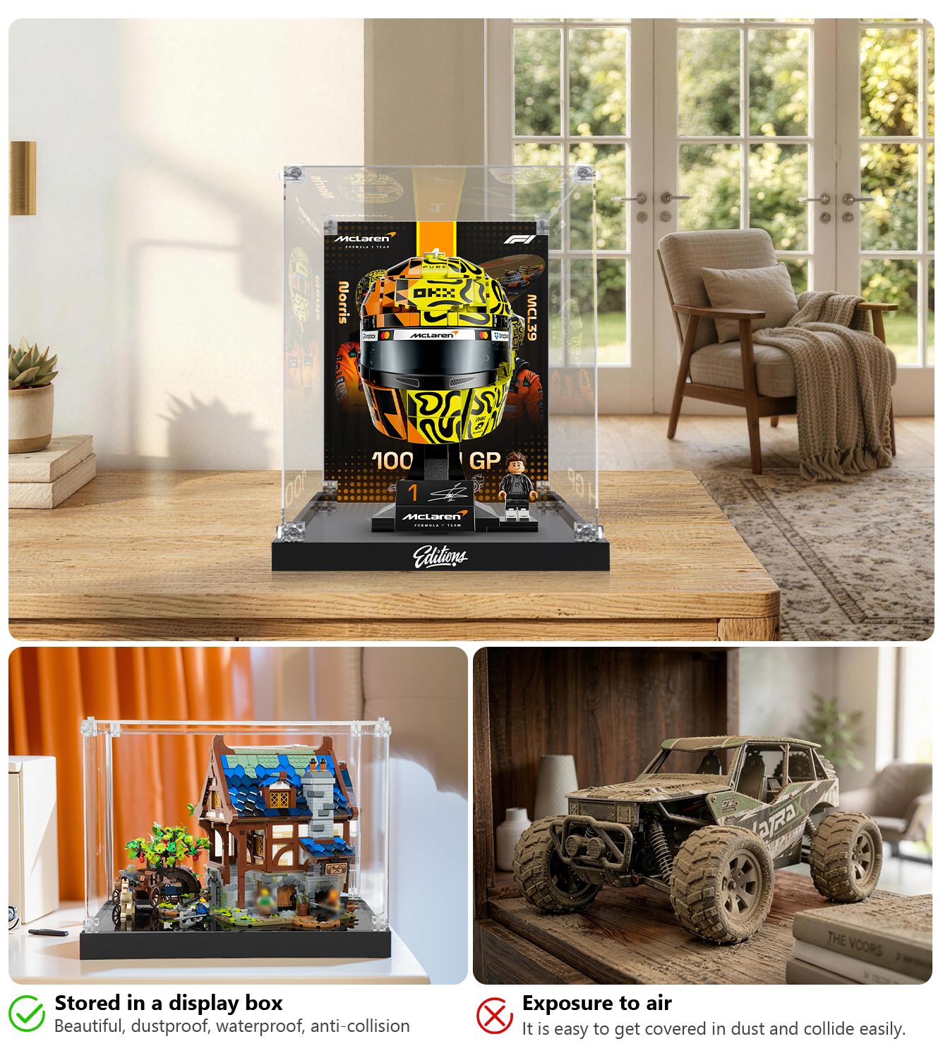 Premium Acrylic Display Case for LEGO® 43023 Lando Norris Helmet | Custom McLaren F1 Backdrop | 98% Transparency Exhibit Box