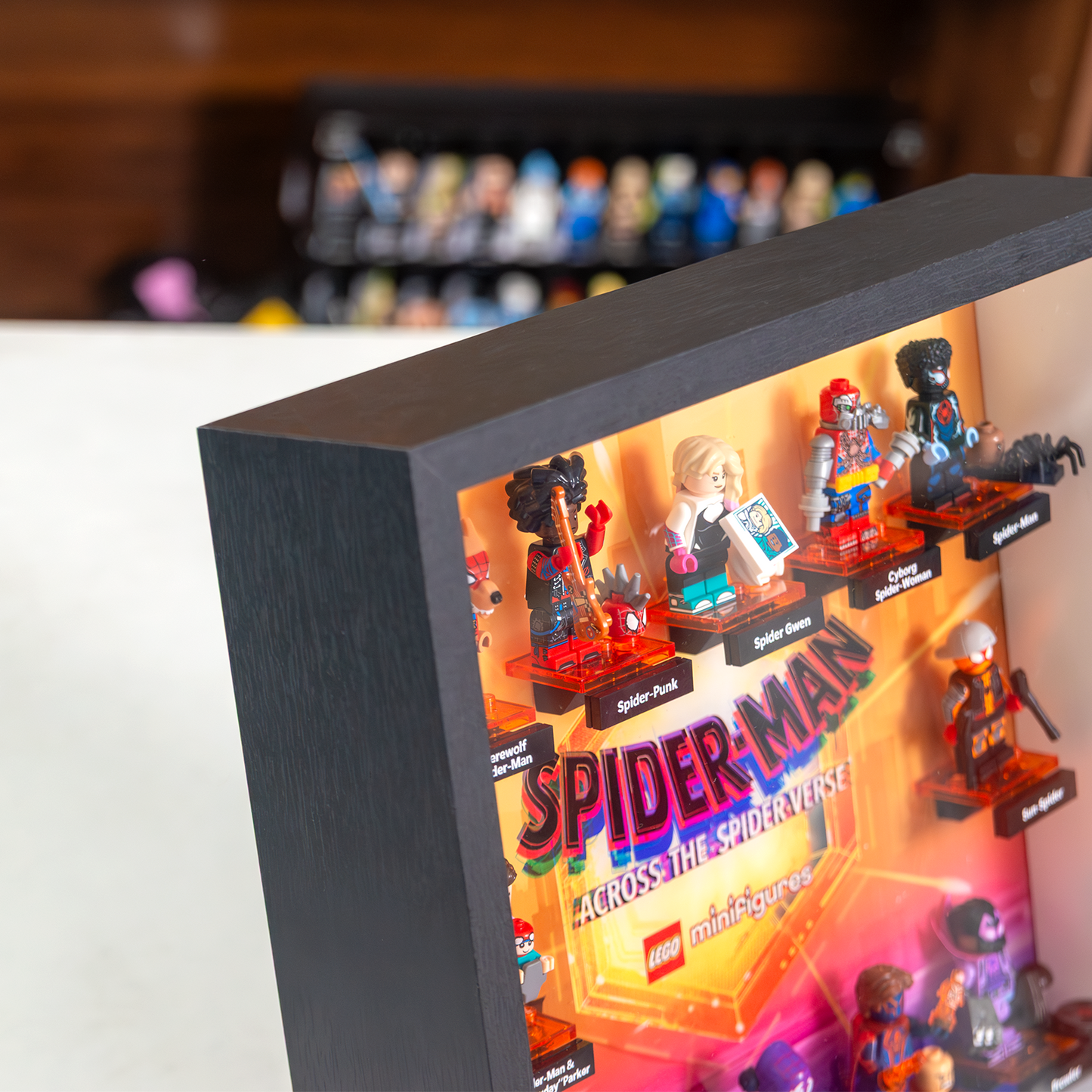 Premium Wooden Wall Display Frame Compatible with LEGO® Minifigures Marvel Spider-Man: Across the Spider-Verse 71050